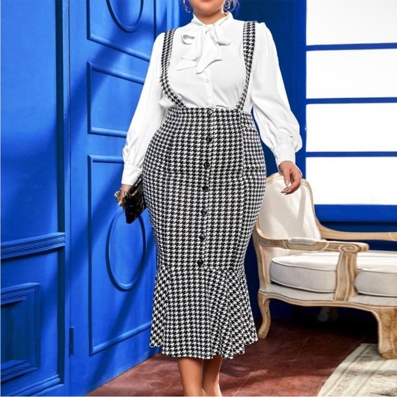 Mermaid Hem Skirt with suspenders Houndstooth Print - Picture 9 of 9